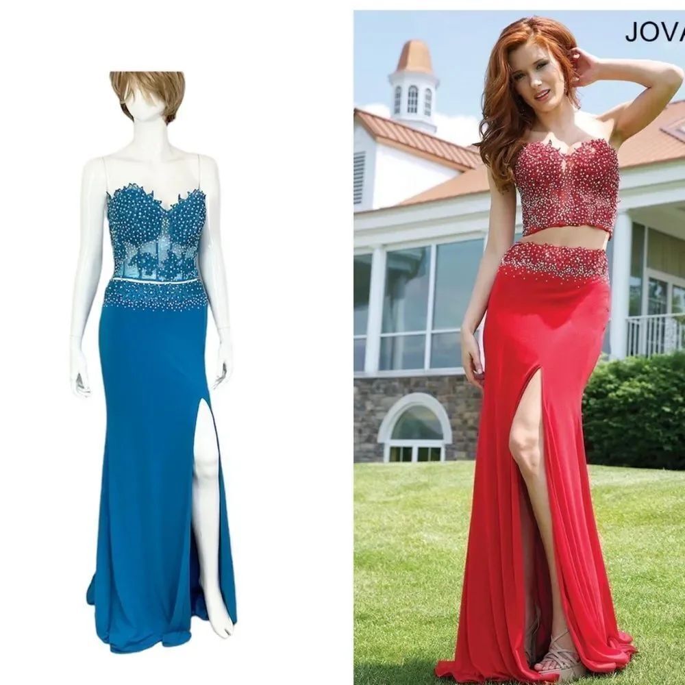 NEW JOVANI Turquoise 2 pieces strapless beaded maxi prom ballroom gown dress 6